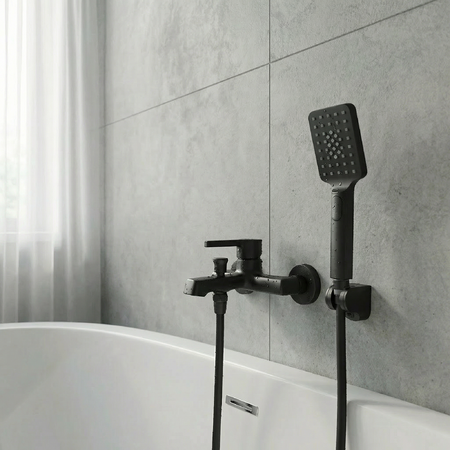 Alita - смеситель для ванны настенный с душевым гарнитуром, чёрный - фото 2