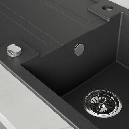 Barbados - zlewozmywak 1-komorowy z ociekaczem z baterią granitową z wylewką U, Czarne - zdjęcie 2