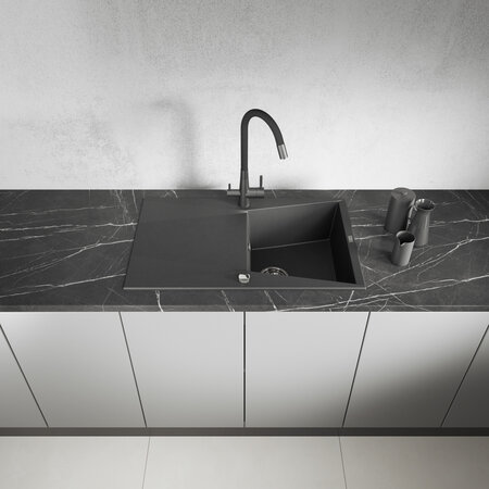 Grenada - Granitspüle 1 Becken mit Abtropffläche, Schwarz - Foto 2