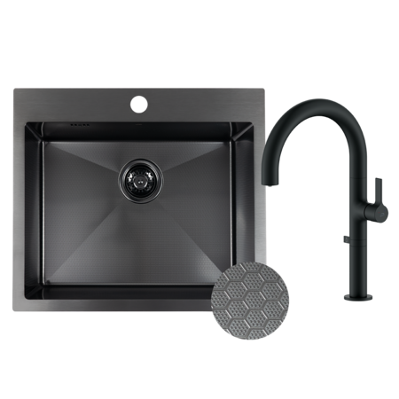 Malawi - black 1 bowl sink with siphon and filtering kitchen mixer, Black - photo 1