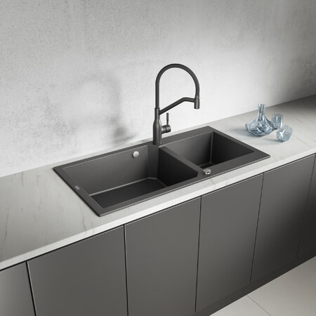 Milos - chiuvetă cu 2 cuve fără uscător, Negru - fotografie 1