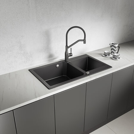 Milos - Гранитная кухонная мойка 2 раковины, Черный однотонный гранит - фото 1