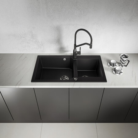 Milos - Гранитная кухонная мойка 2 раковины, Черный однотонный гранит - фото 2