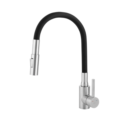 Nila - bateria zlewozmywakowa stojąca z elastyczną 2-funkcyjną wylewką, stal szczotkowana/czarna, Stal szczotkowana/czarne - zdjęcie 1