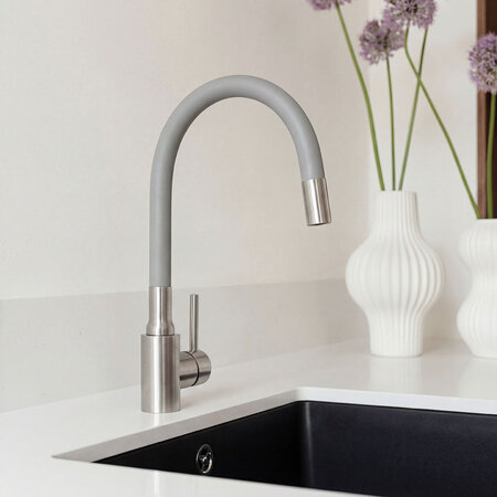 Nila - baterie de chiuvetă de bucătărie, montaj pe blat, cu pipă flexibilă, oțel periat/gri, Oțel periat/gri - fotografie 2