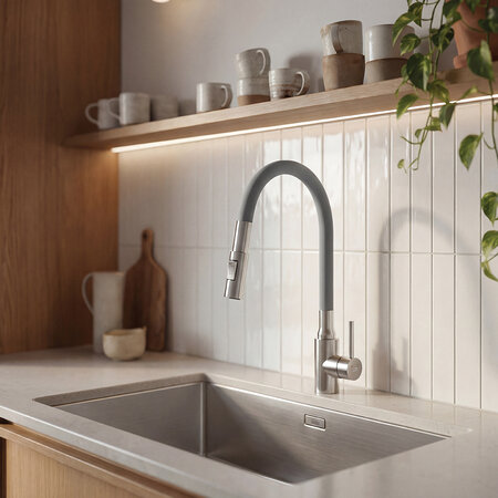 Nila - baterie de bucătărie cu pipă flexibilă cu 2 funcții, oțel periat/gri, Oțel periat/gri - fotografie 1