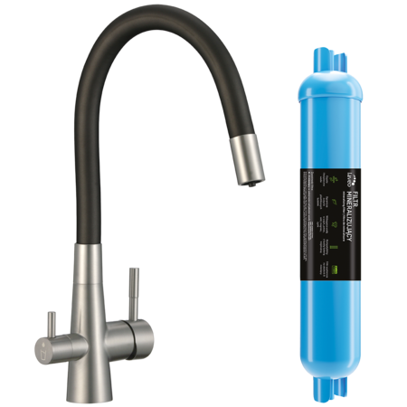 Riveco - bateria zlewozmywakowa z elastyczną wylewką + filtr mineralizujący, Stal szczotkowana/czarne - zdjęcie 1