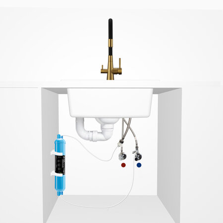 Riveco - bateria zlewozmywakowa z elastyczną wylewką + filtr mineralizujący, Złoto szczotkowane/czarne - zdjęcie 7