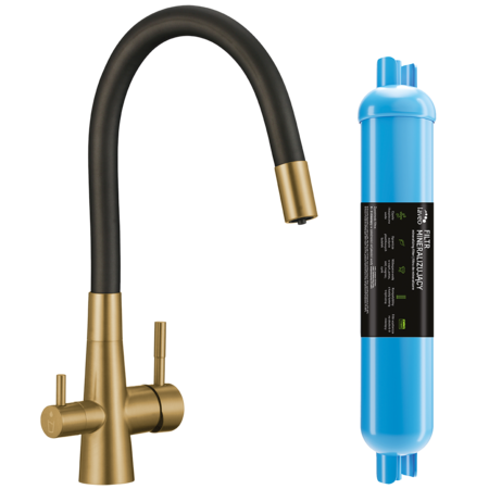 Riveco - bateria zlewozmywakowa z elastyczną wylewką + filtr mineralizujący, Złoto szczotkowane/czarne - zdjęcie 1