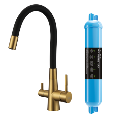Riveco - смеситель для мойки с гибким изливом + минерализирующим фильтром, Kрацованное золото/чёрный - фото 1