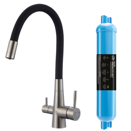 Riveco - bateria zlewozmywakowa z elastyczną wylewką + filtr zmiękczający, Stal szczotkowana/czarne - zdjęcie 1