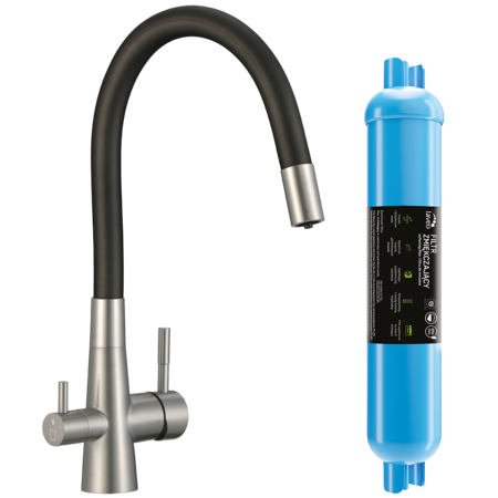 Riveco - bateria zlewozmywakowa z elastyczną wylewką + filtr zmiękczający, Stal szczotkowana/czarne - zdjęcie 1