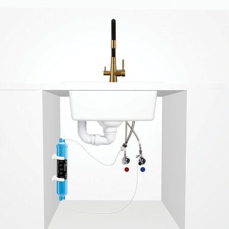 Riveco - bateria zlewozmywakowa z elastyczną wylewką + filtr zmiękczający, Złoto szczotkowane/czarne - zdjęcie 5