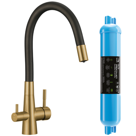 Riveco - bateria zlewozmywakowa z elastyczną wylewką + filtr zmiękczający, Złoto szczotkowane/czarne - zdjęcie 1