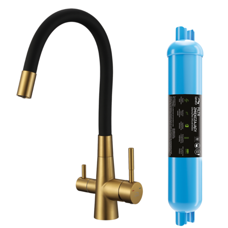 Riveco - смеситель для мойки с гибким изливом + фильтром умягчения воды, Kрацованное золото/чёрный - фото 1