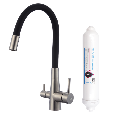 Riveco - baterie de bucătărie cu pipă flexibilă și sistem de filtrare a apei, Oțel periat/negru - fotografie 1