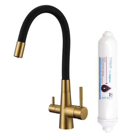 Riveco  - bateria zlewozmywakowa stojąca z elastyczną wylewką + system do filtrowania wody, Złoto szczotkowane/czarne - zdjęcie 1