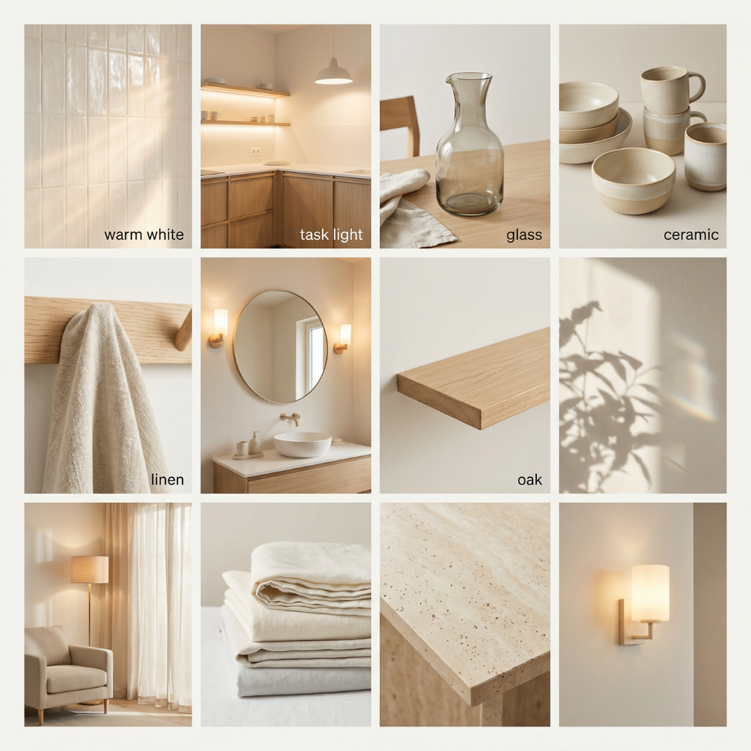 moodboard pokazujący połączenia kolorystyczne bieli, drewna