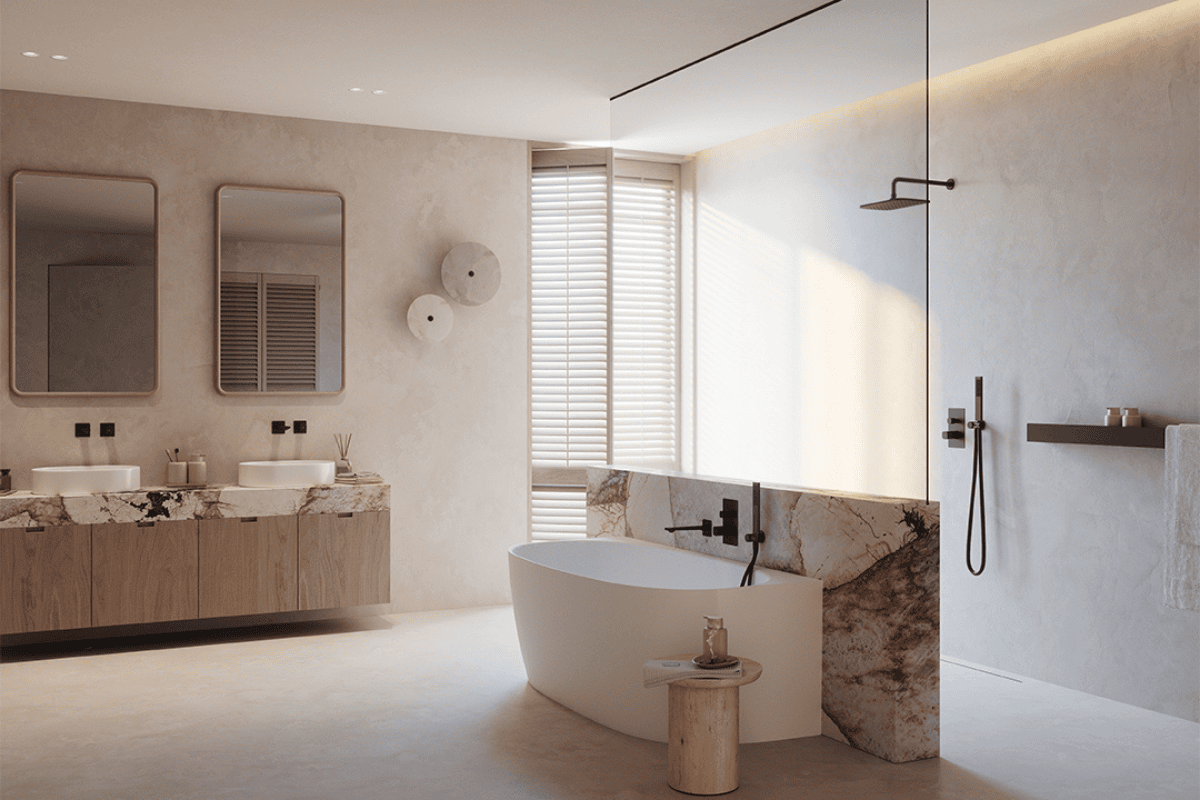 wnętrze łazienki z bateriami podtynkowymi