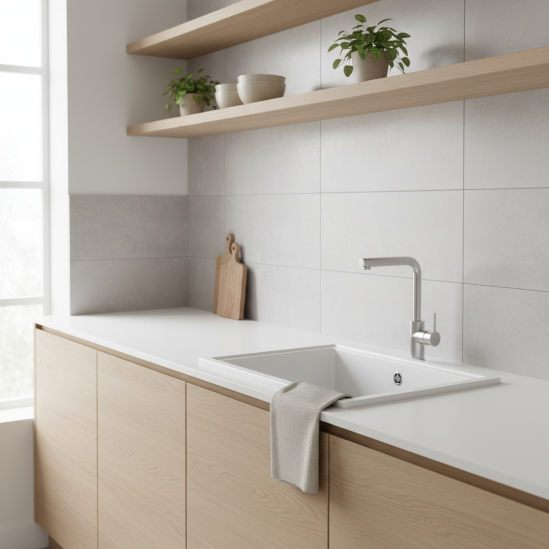 biały zlewozmywak w jasnej kuchni z drewnianymi szafkami