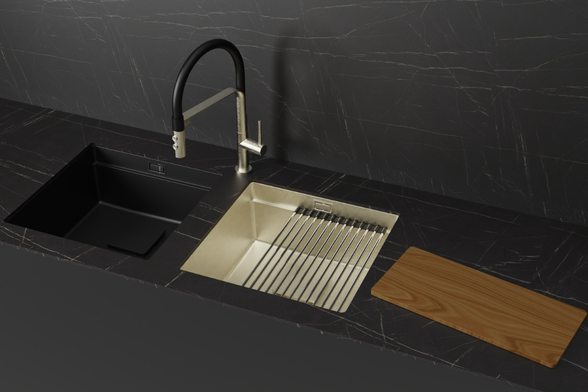 ciemny blat z podwieszanym zlewozmywakiem granitowym, druga komora ze stali nierdzewnej ze zwijanym ociekaczem